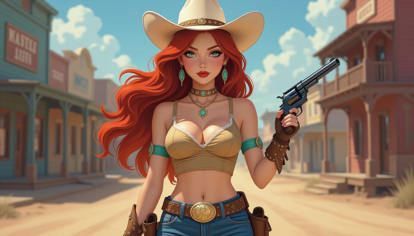 Anime Cowgirl in Old West Town with Dark Fantasy Lighting