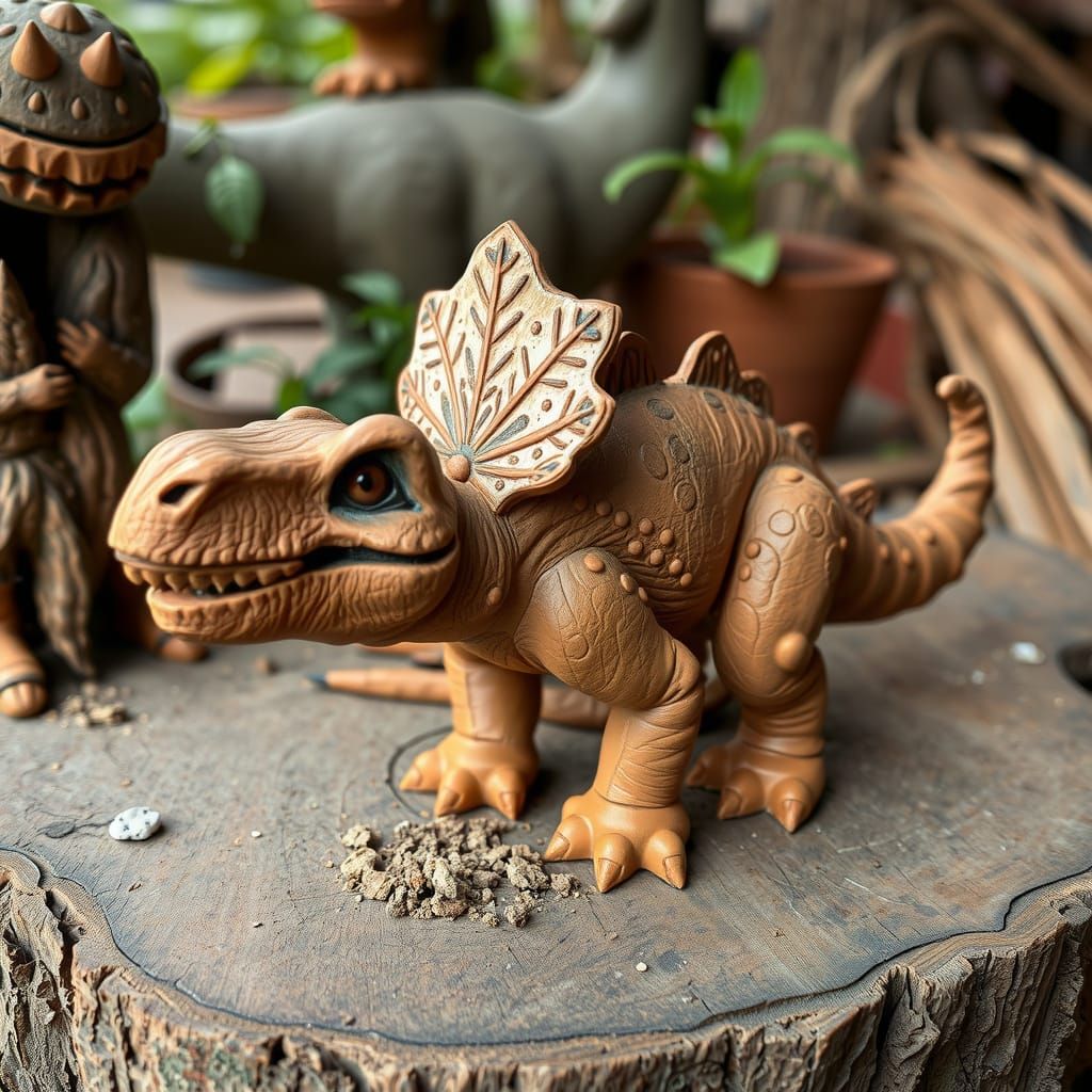 Earthy Clay Dinosaur Sculpture in Pop Art Style