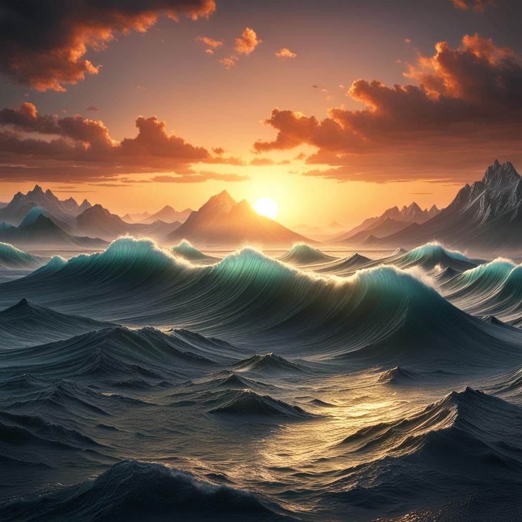 Sunrise Over Ocean Waves: Detailed Matte Painting