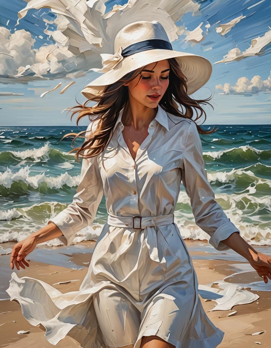 Girl Catches Fedora in Windy Impasto Seascape