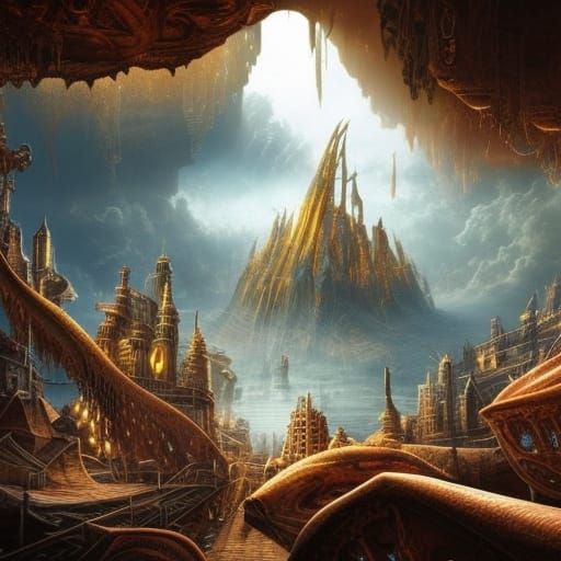 Giant Floating City with Mythological Creatures