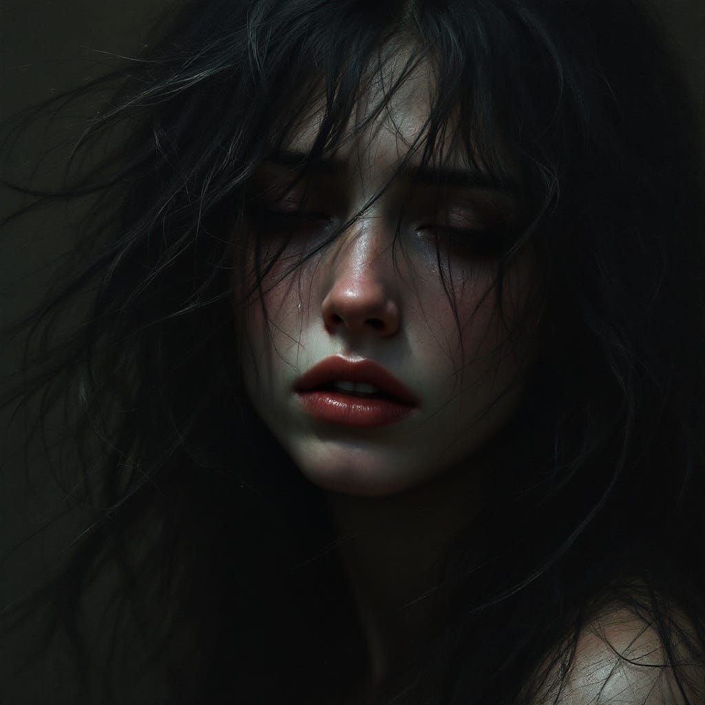 Mournful Portrait of Contemplation in Darkened Solitude