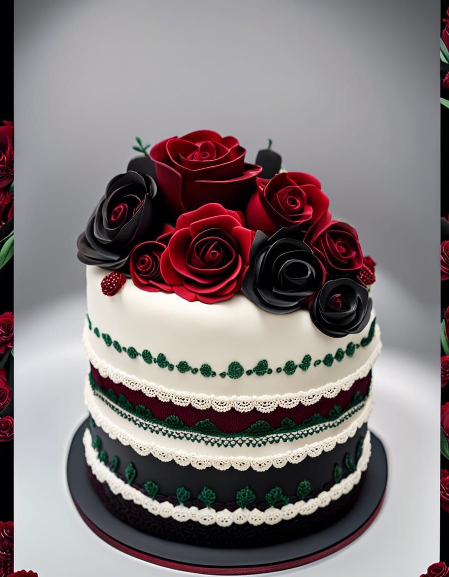 Hyperrealistic Black Rose Cake with Red Details