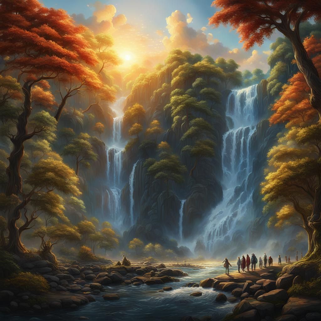 Sunrise Oil Painting Above Waterfall with People