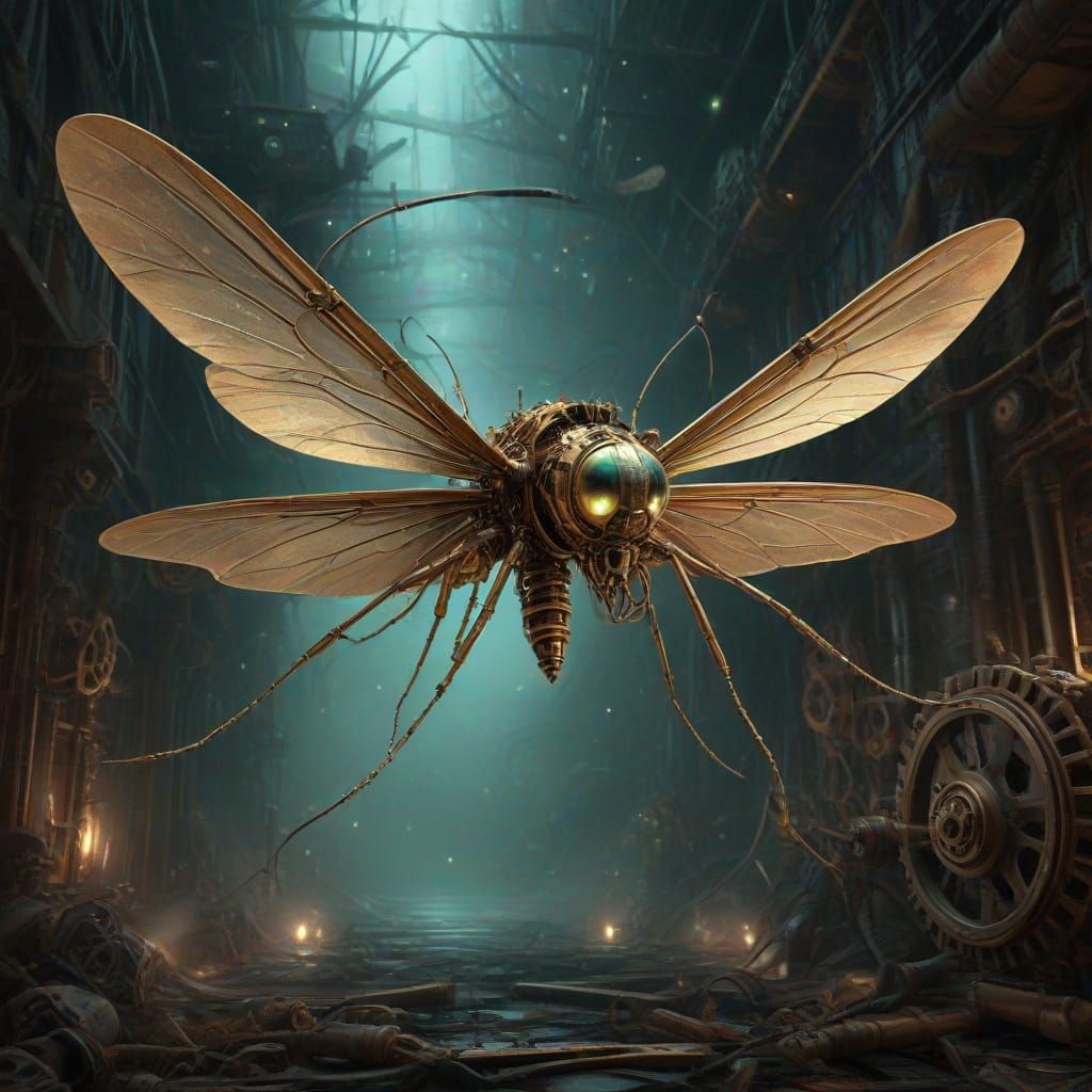 Steampunk Brass Mosquito Amidst Orbital Gears
