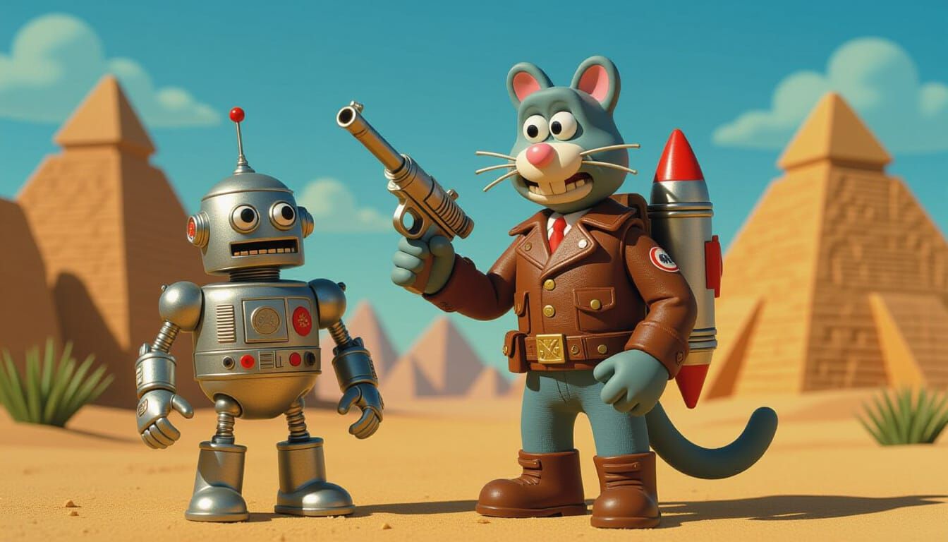Claymation Cat Ranger and Robot on Alien World