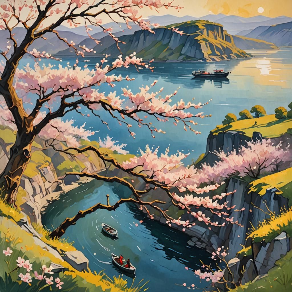 Cherry Blossom Tree Impressionist Gouache Painting