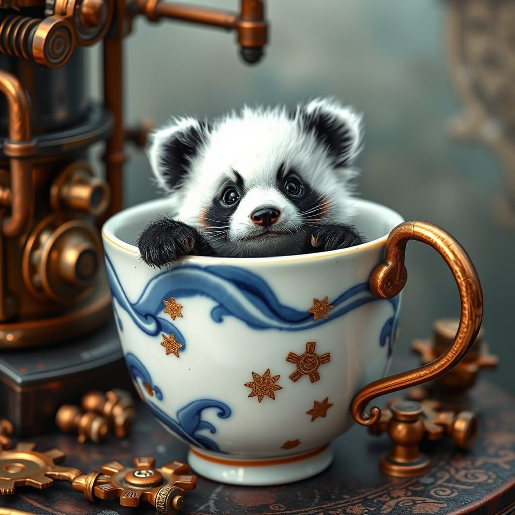 Steampunk Panda in Antique Tea Cup