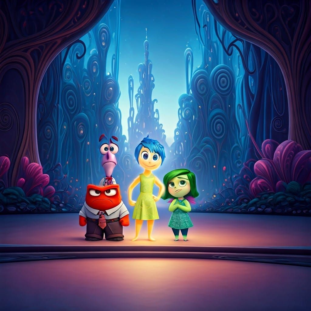 Inside Out Characters in Dreamlike Cityscape