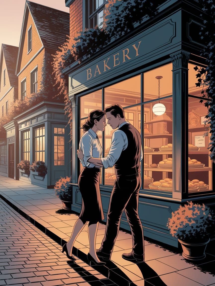 Couple Collide Outside Bakery in Golden Hour Light
