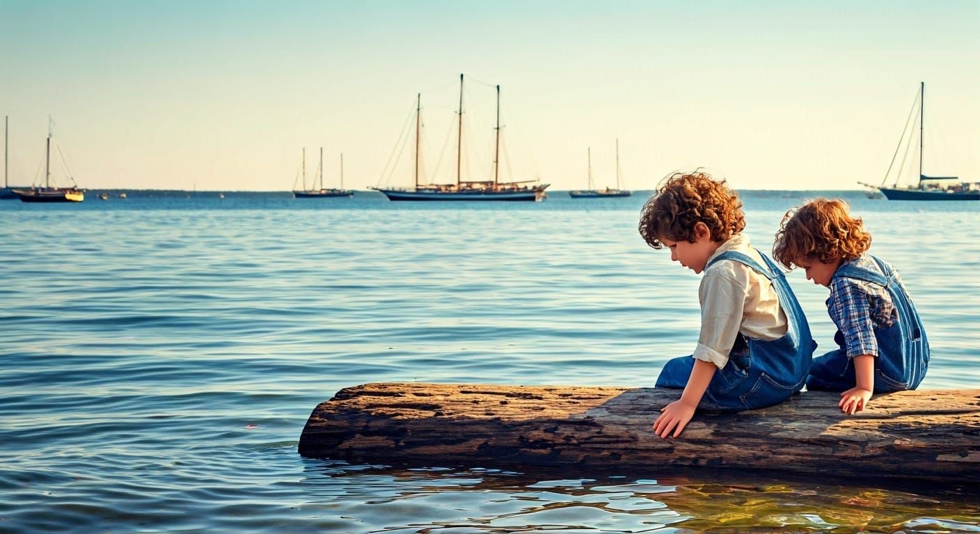 Two Boys Contemplate Life in a Peaceful Harbor Scene