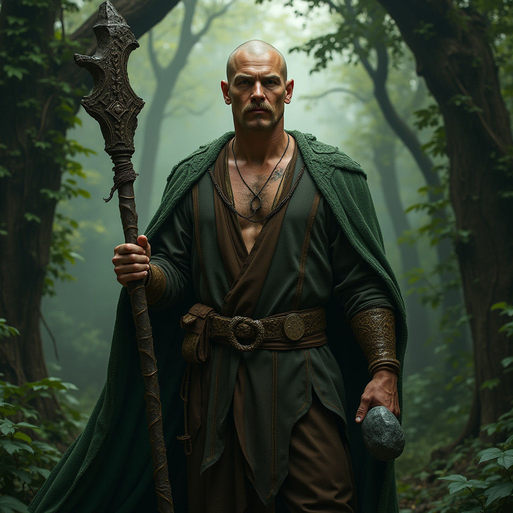 Mystical Druid in Forest Holding Cursed Stone