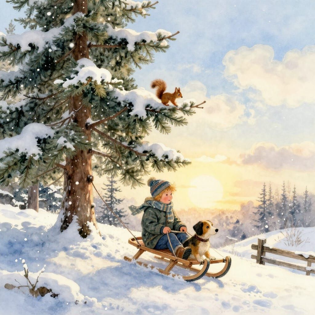 Boy Sledding in Snowy Sunrise Sunrise Watercolor