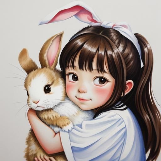 Cute Girl Hugging Bunny: Gouache Painting