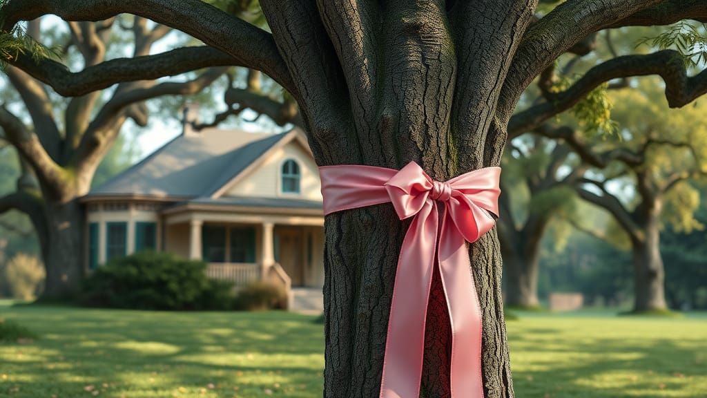 Pink Ribbon Adorns Oak Tree in Photorealistic Style