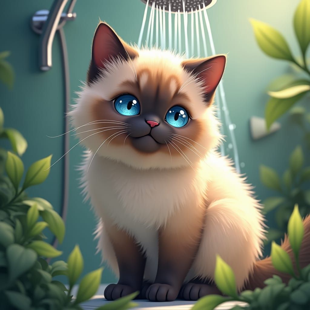 Majestic Burmese Cat's Disdain for Showers: Anime Style