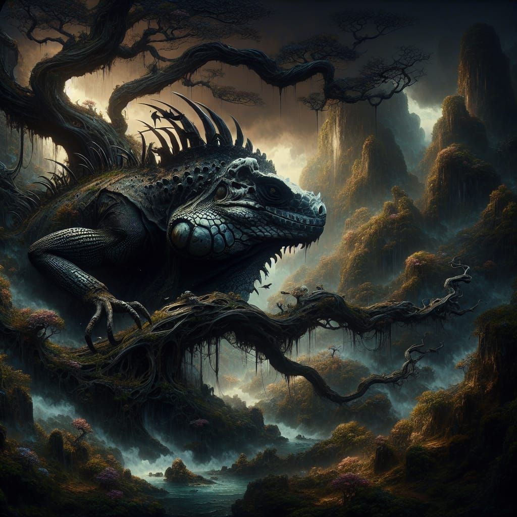 Dark Fantasy Iguana Amid Enchanted Tree Branches in Vibrant...