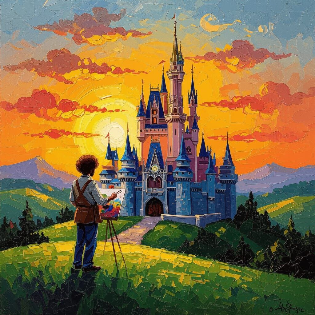 Majestic Castle at Sunset in Neo-Impressionist Style