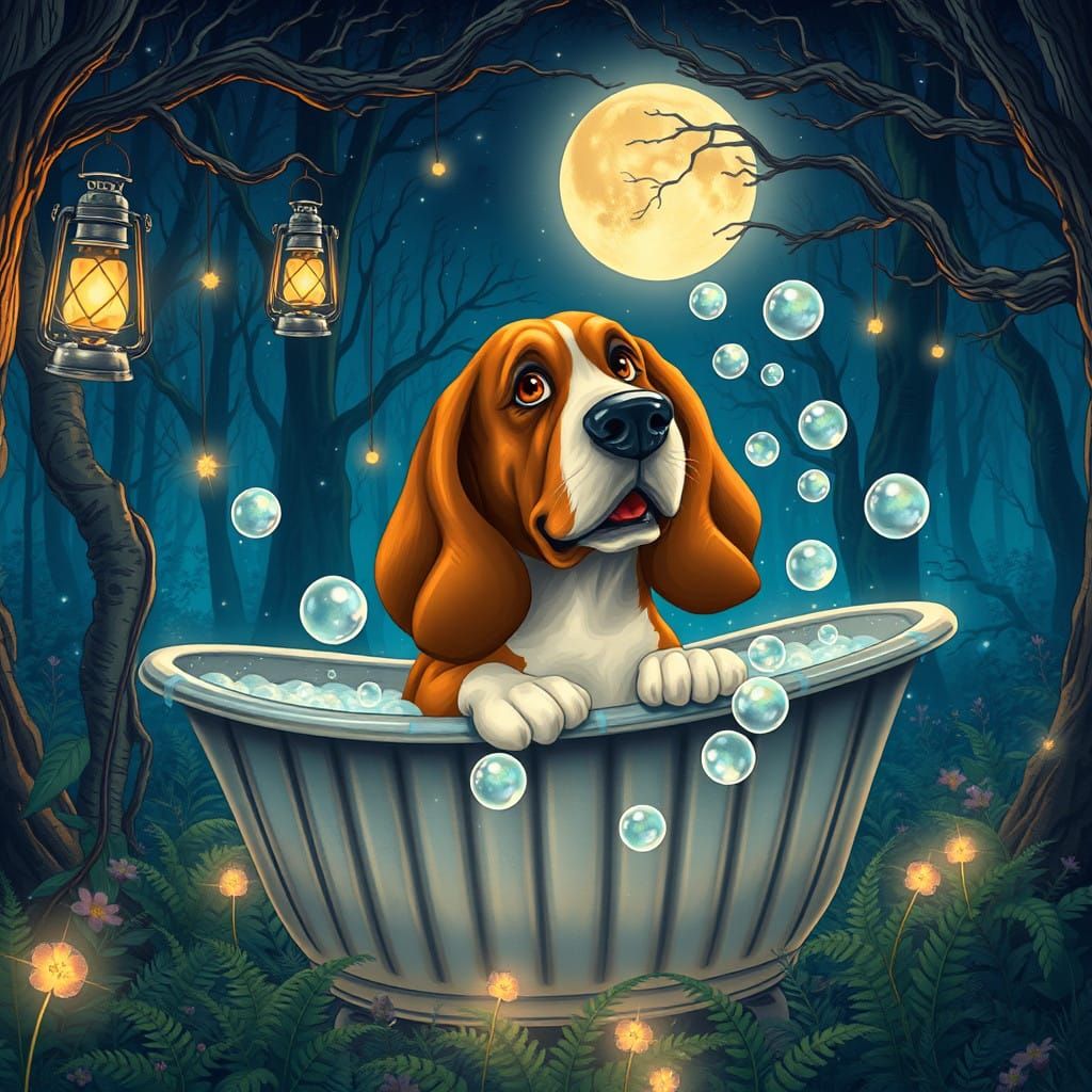 Whimsical Bassett Hound in Moonlit Forest Bubble Bath