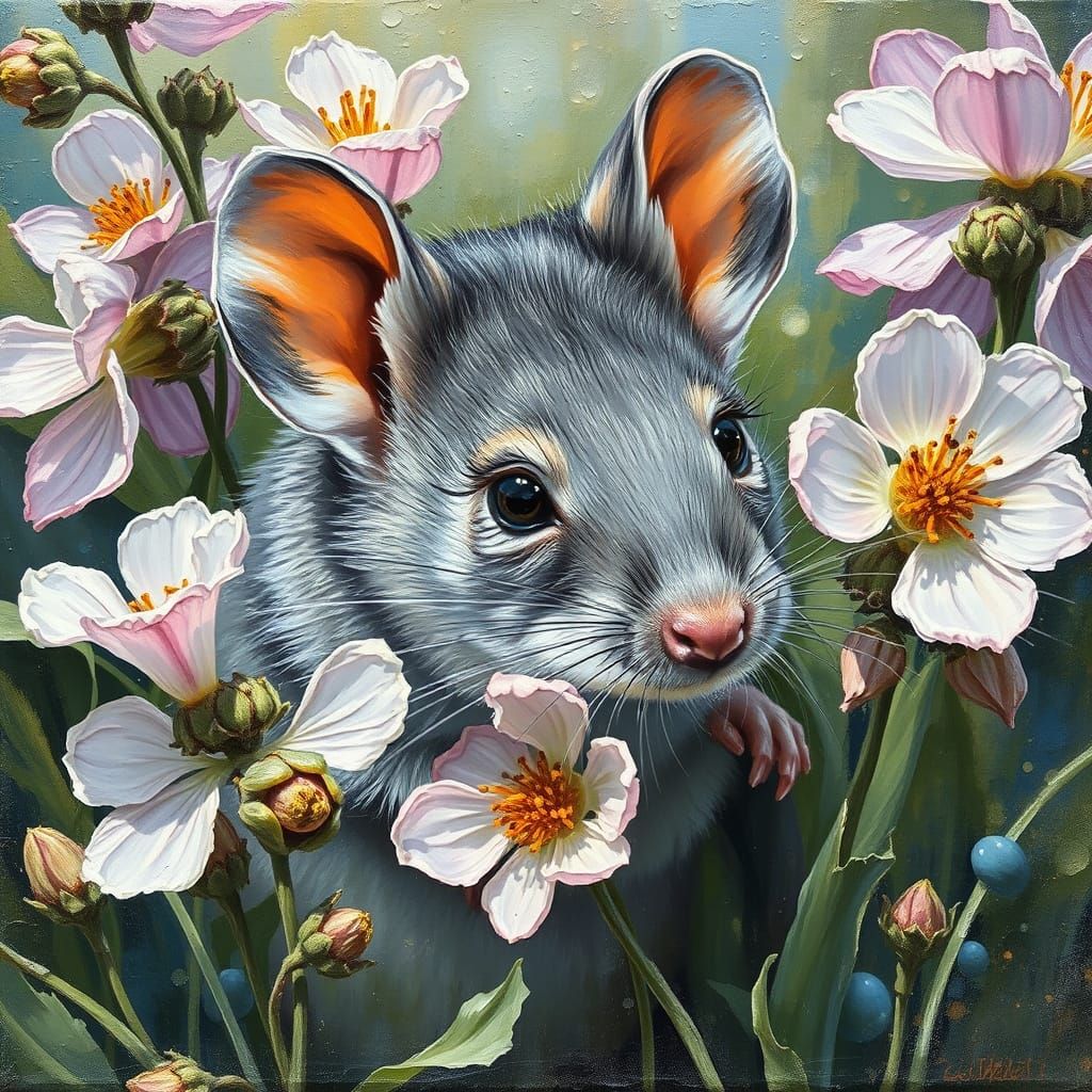 Mouse Peeking from Wildflowers in Impasto Style