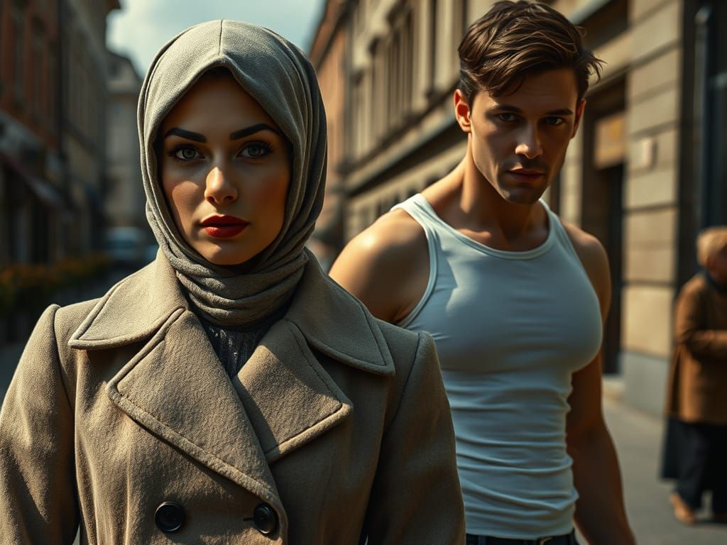 Photorealistic German Woman in 1960s Street Scene