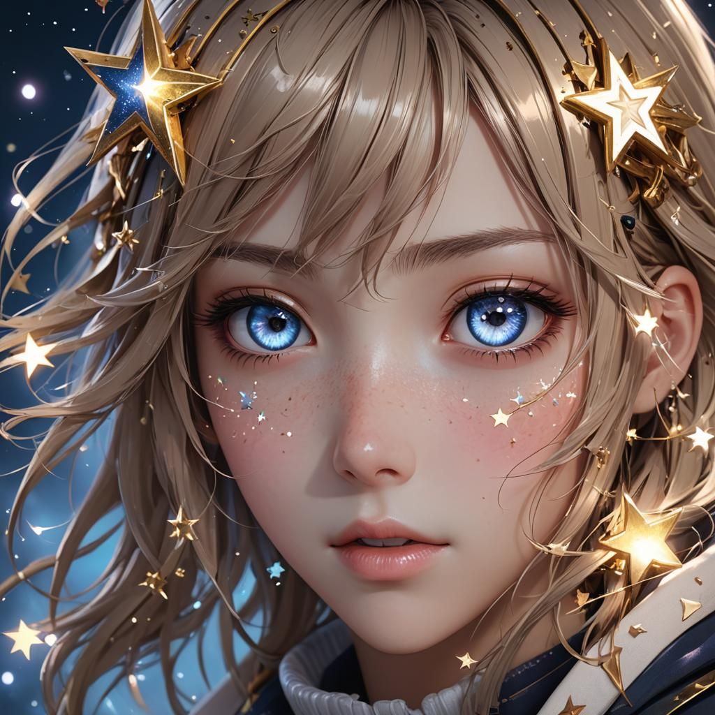 Anime Style Eyes Reflecting Stars, 3D Art