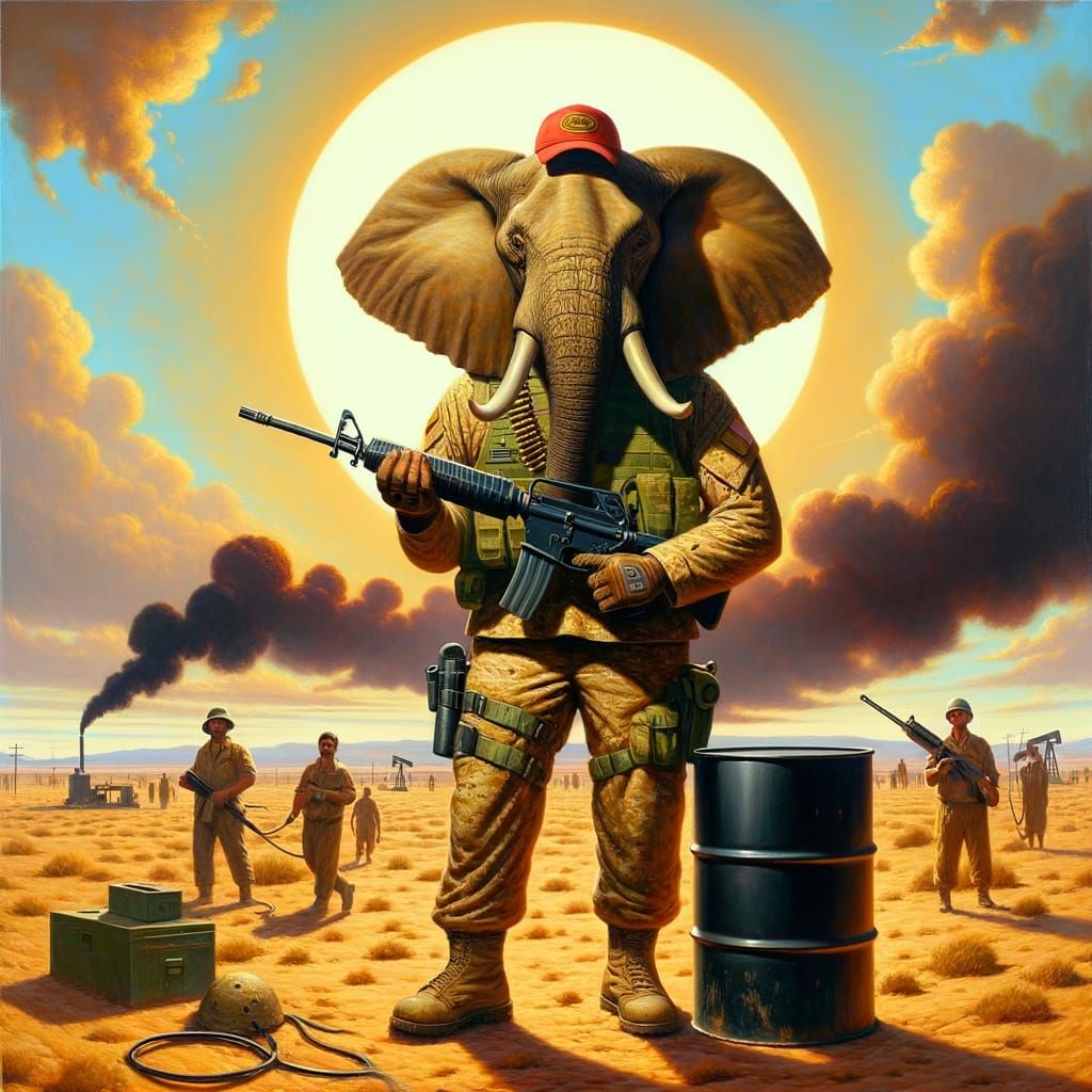 Elephant Soldier in Desert Landscape, Oil Painting Style