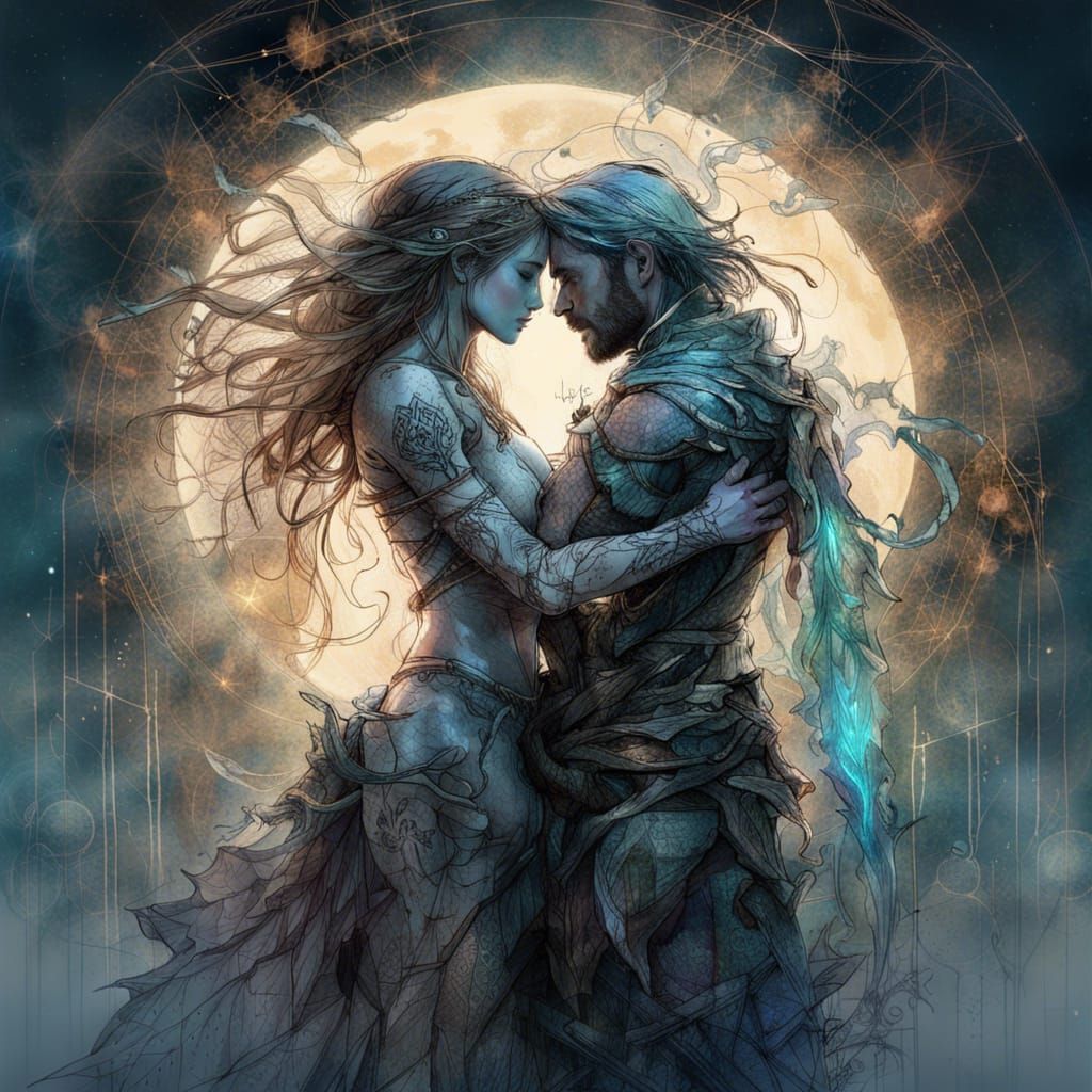 Moonlit Embrace: Knight and Enchantress in Digital Art