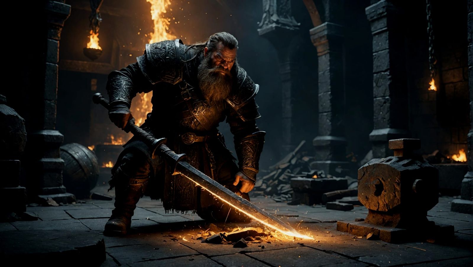 Dwarven Blacksmith Forging Ethereal Sword: Grimdark Concept ...