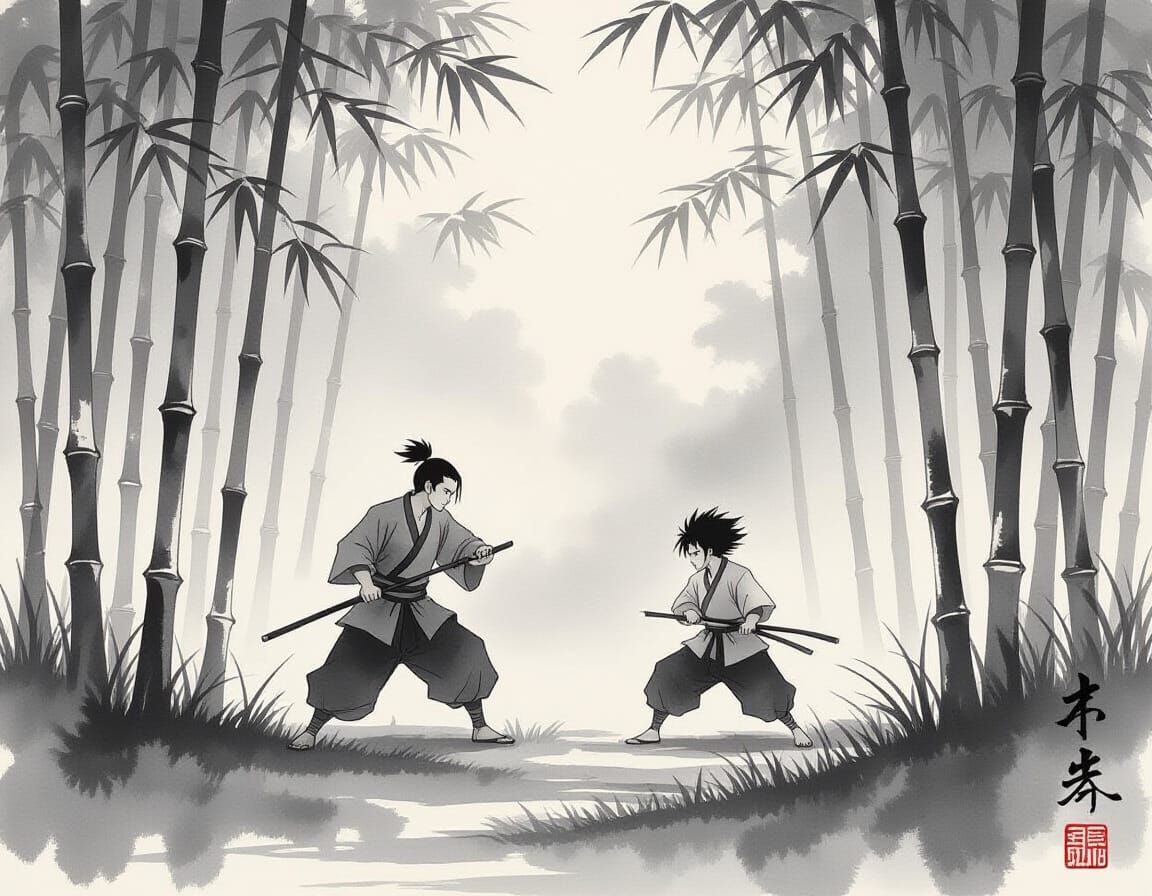 Ink Wash Bamboo Landscape with Training Figures