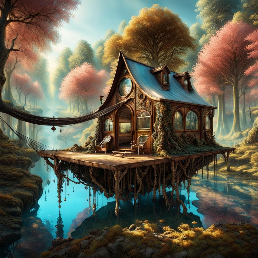 Whimsical, fairycore, steampunk treehouse cabin and hammock.