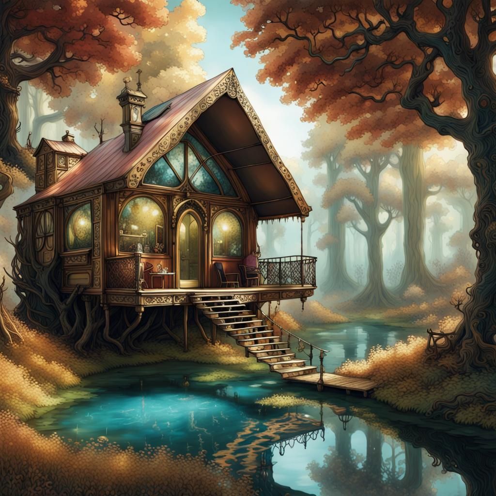 Whimsical, fairycore, steampunk treehouse cabin.