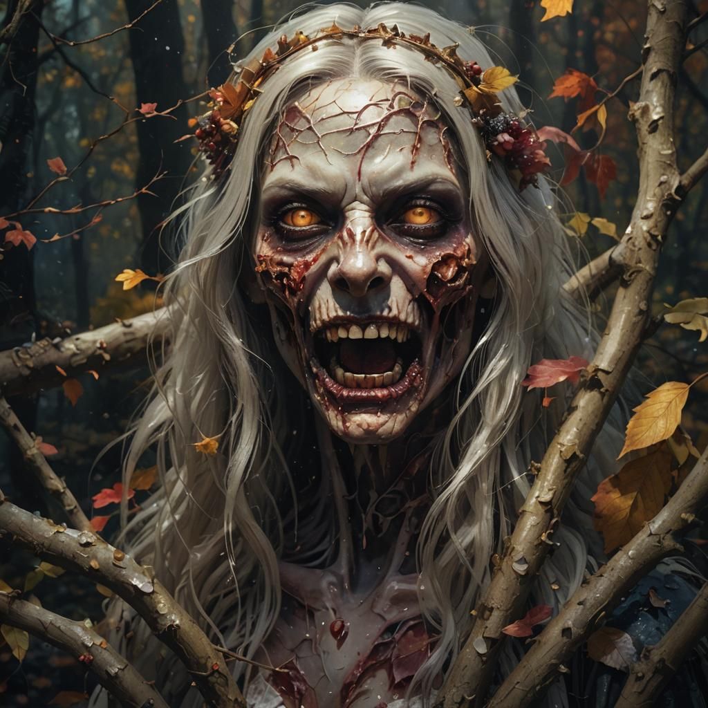 Zombie Bride in Autumnal Forest: Digital Art