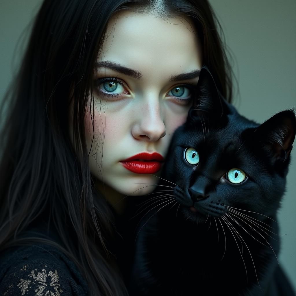 Haunting Portrait: Woman and Mirrored Black Cat