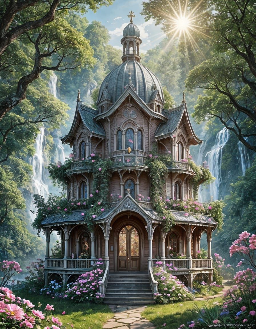 Art Nouveau Chapel in a Floral Forest