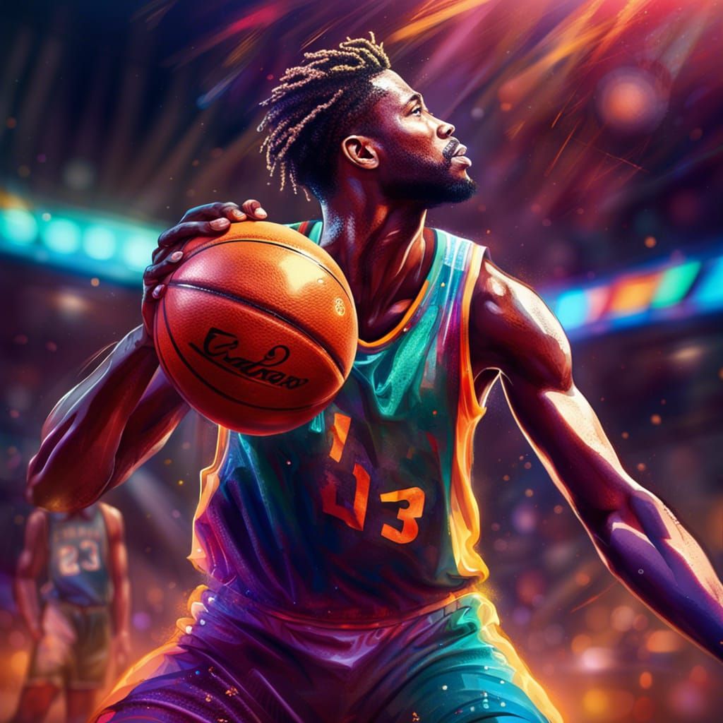 Basketball Game with Guard in Hyperrealistic Splash Art