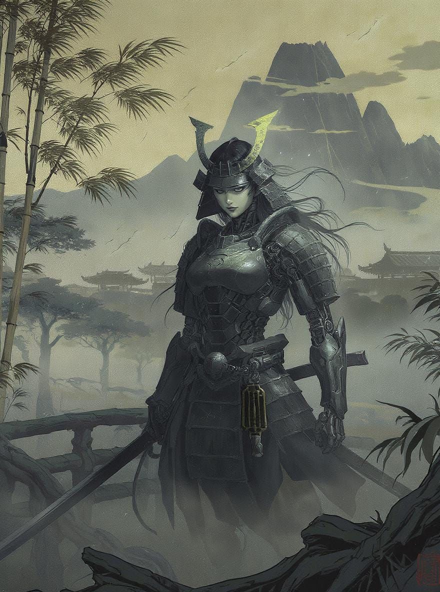 Cyborg Samurai in Feudal Japan: Ukiyo-e Style