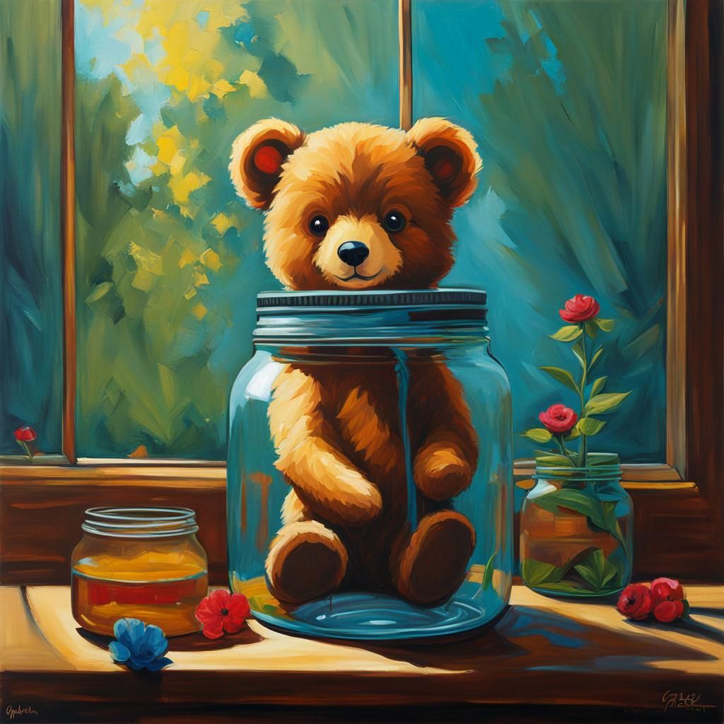 Chibi Teddy Bear in Mason Jar, Poster Art