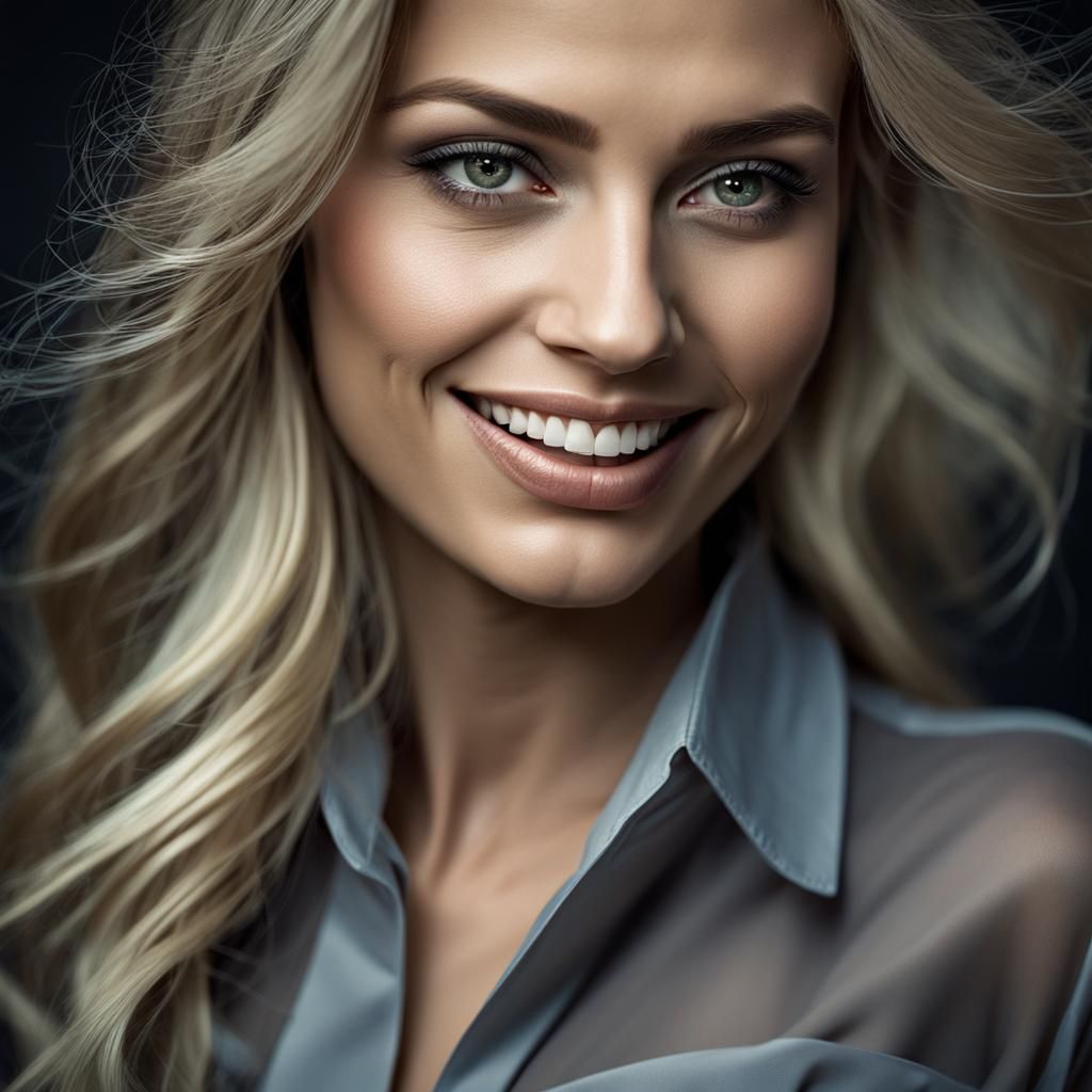 Sensual Blonde with Grey Eyes in Transparent Blouse