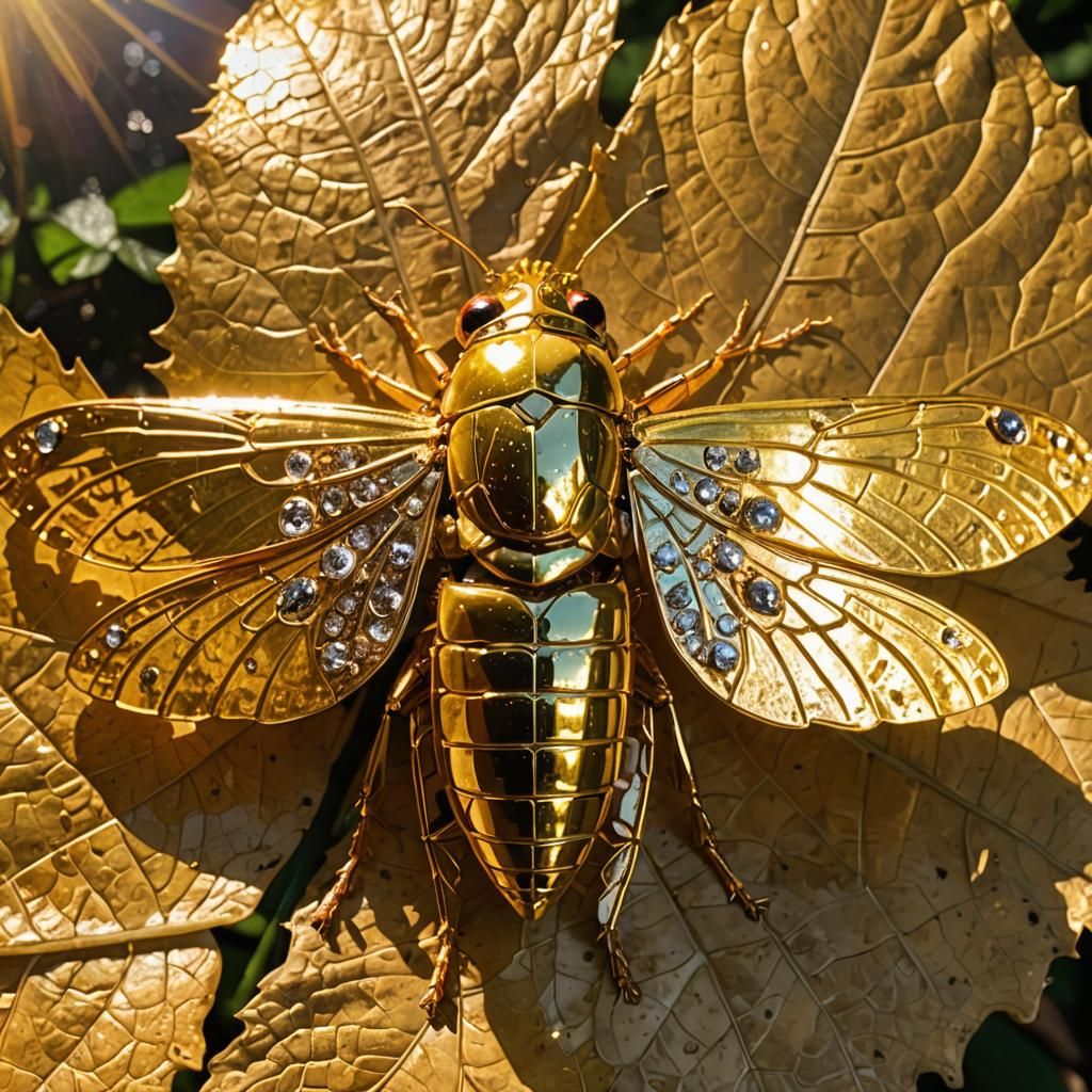 Golden Cicada on Gold Leaf in Macro Shot