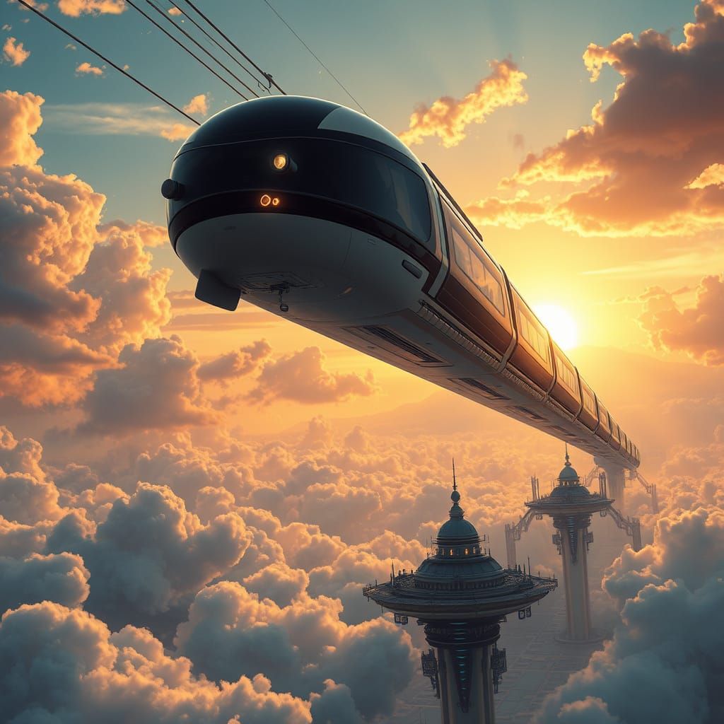 Futuristic Sky Train Connecting Floating Cities at Sunset