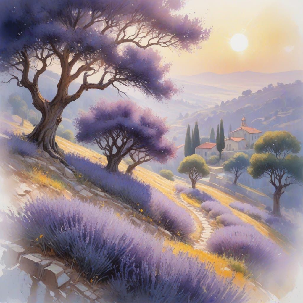 Lavender Hillside with Olive Trees as Neo-Impressionist Pain...
