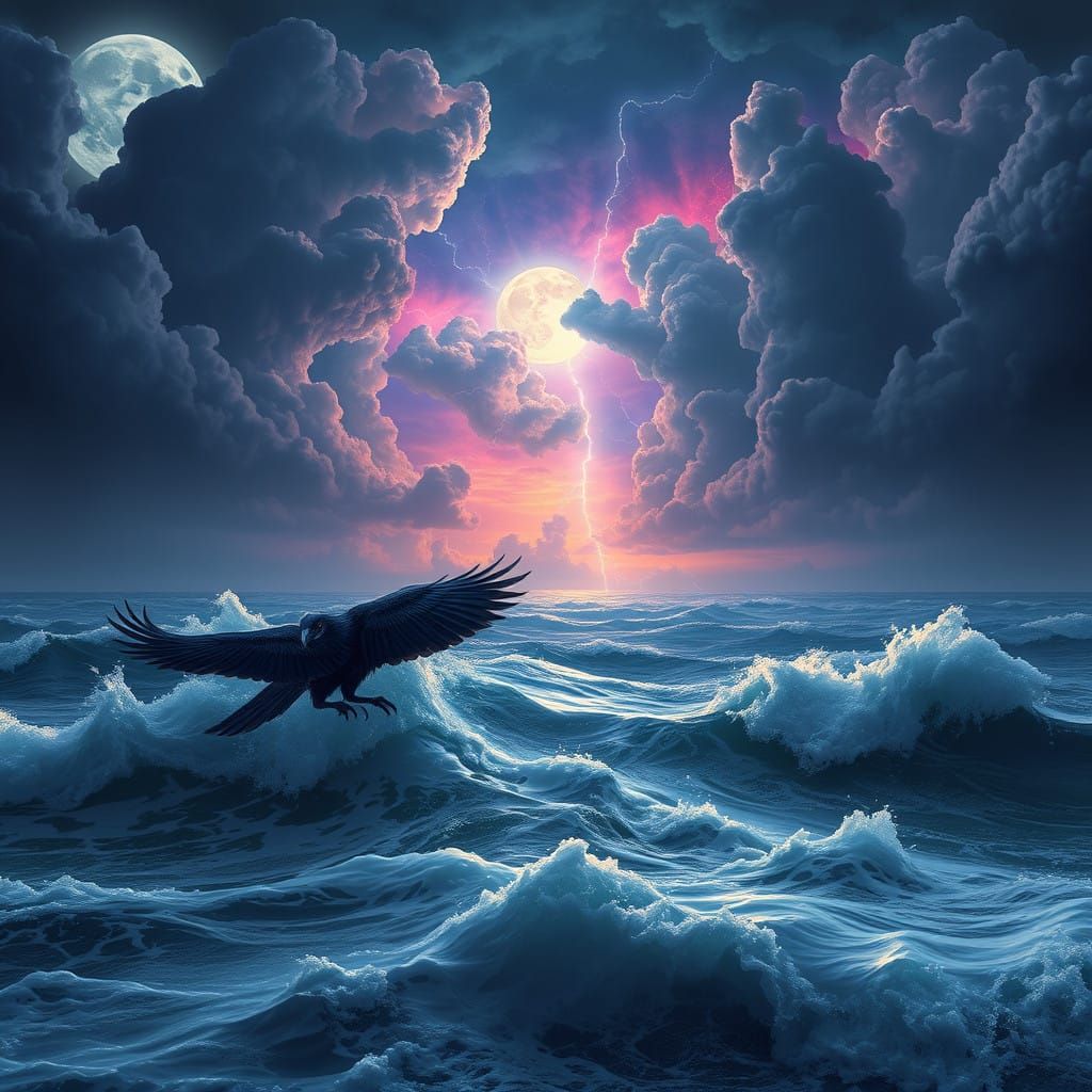 Mystical Raven in Turbulent Stormy Waters