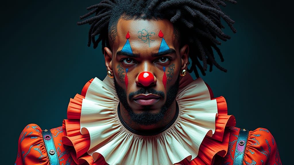 Hyper-Realistic Portrait of a Man in a Vibrant Clown Costume