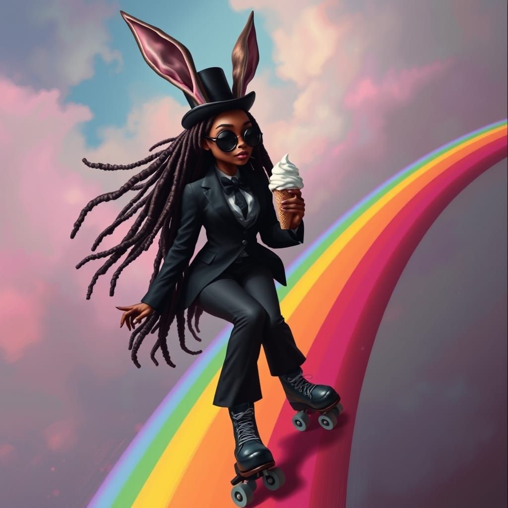 Goth Bunny Rollerblades on Rainbow with Ice Cream