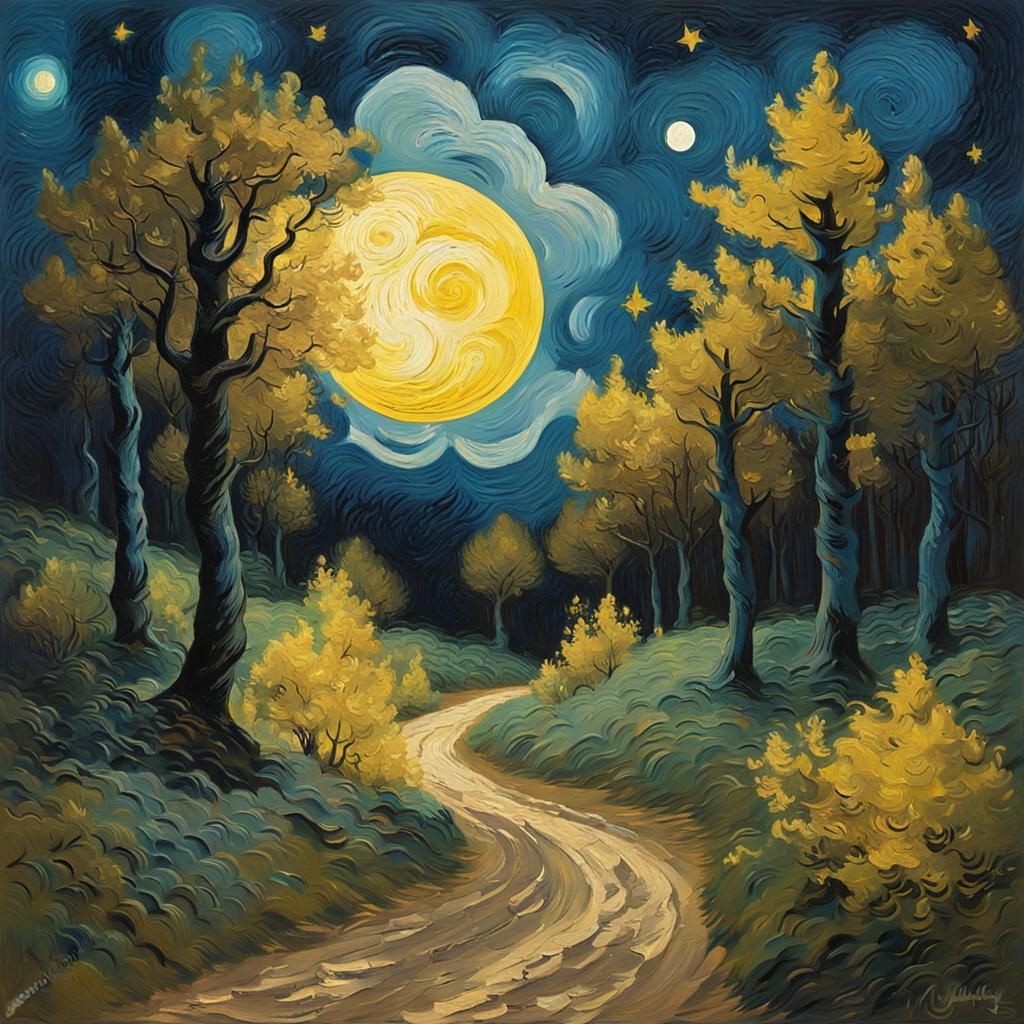 Mystical Moonlit Forest in Van Gogh Impressionist Style