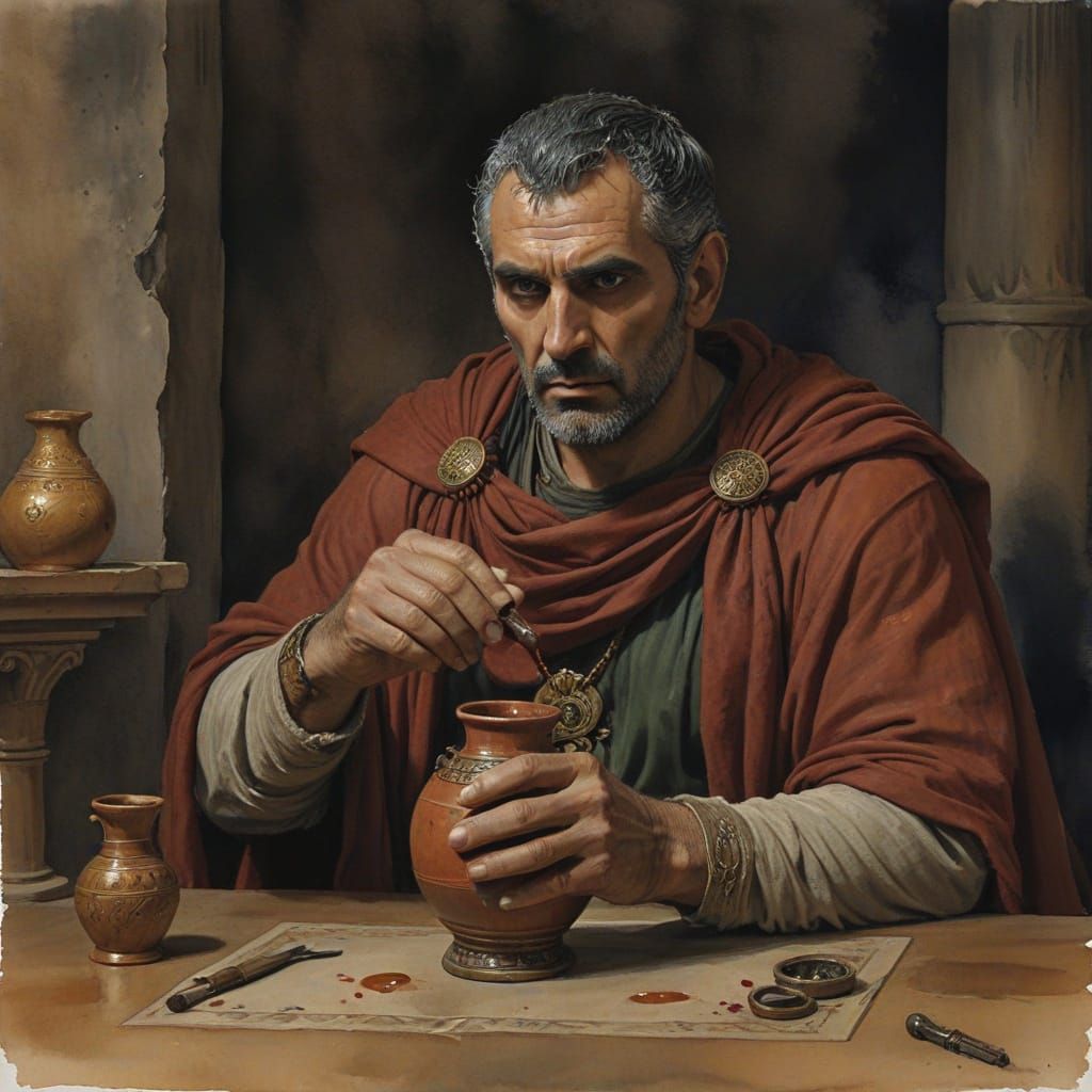 Hannibal Barca Watercolor Portrait with Poisoned Wine