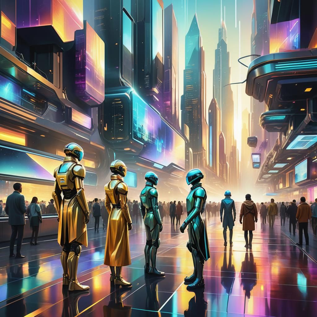 Humans Interacting with Holographic Tech in Metropolis