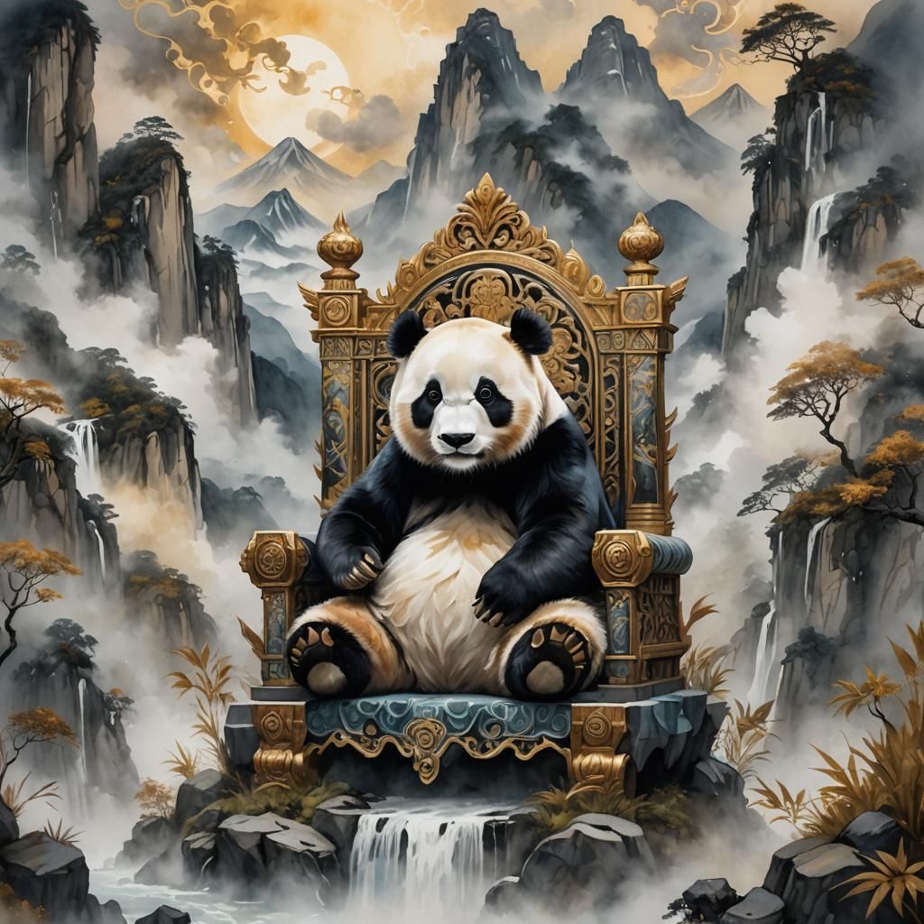Giant Panda King on Misty Mountain Throne