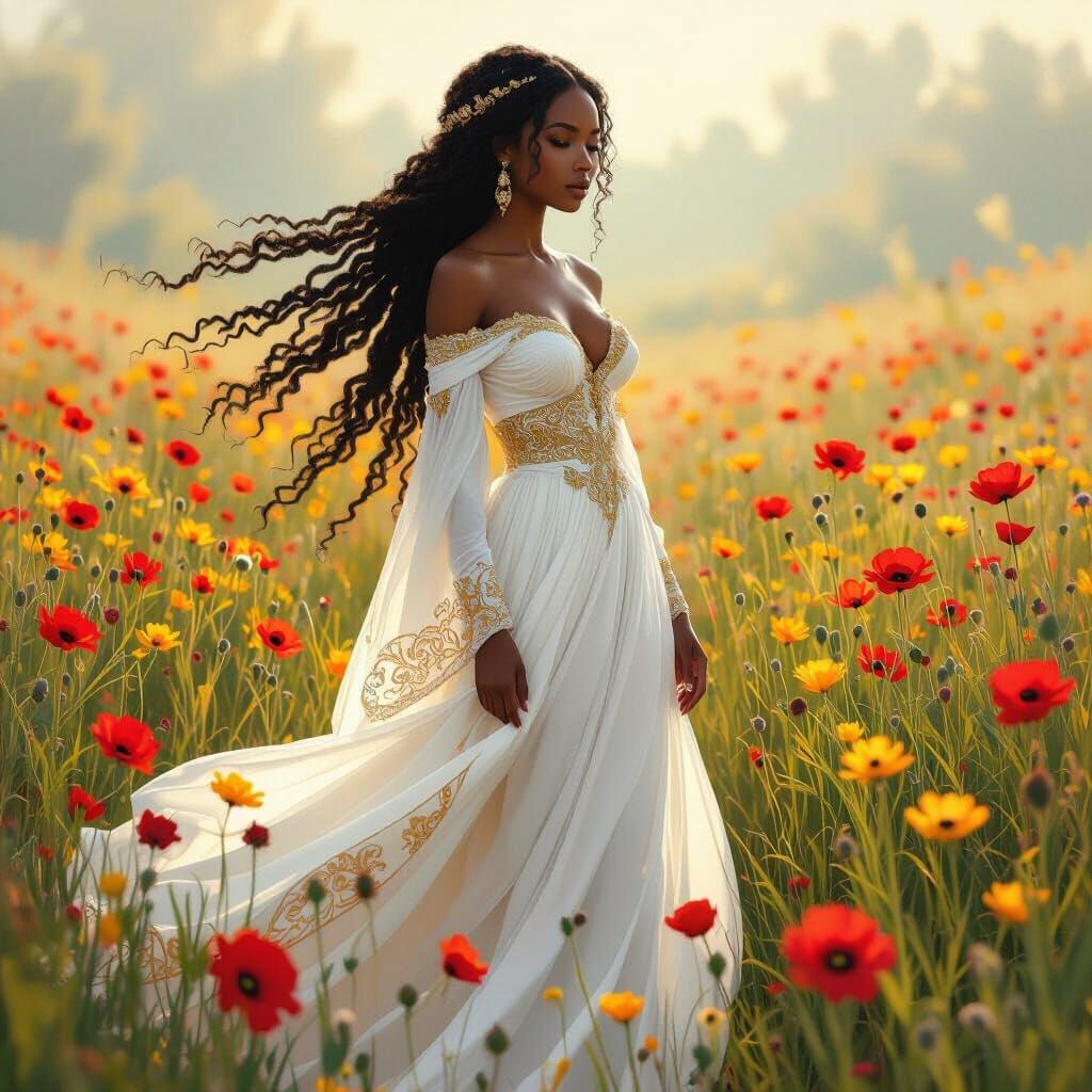 Black Woman in Meadow, Art Nouveau Digital Painting